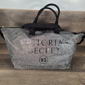 Victoria’s Secret Glitter Duffel Bag Weekender Travel Tote Black Silver Sparkle